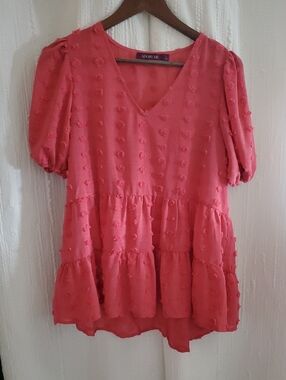 Womens L Adore Me Coral Pink V-Neck Tiered Puff Sleeve Tunic